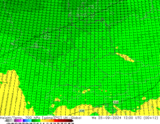 Height/Temp. 700 hPa UK-Global We 25.09.2024 12 UTC