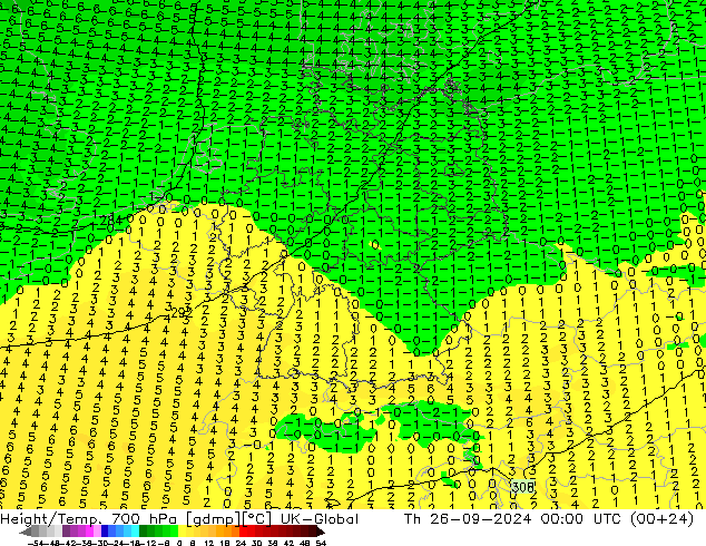 Height/Temp. 700 hPa UK-Global Th 26.09.2024 00 UTC