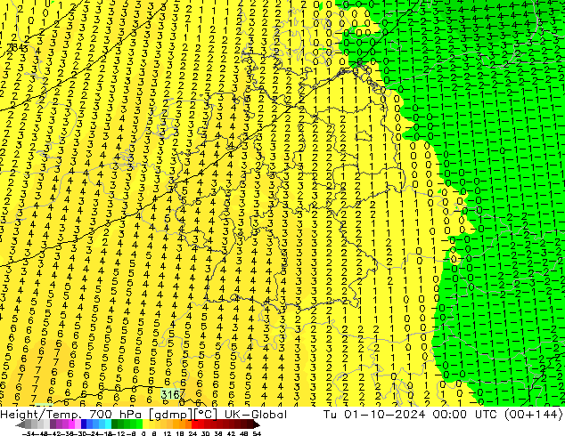 Hoogte/Temp. 700 hPa UK-Global di 01.10.2024 00 UTC