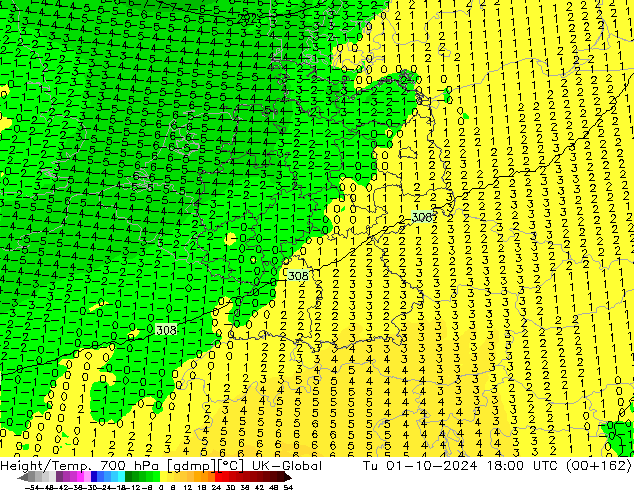 Height/Temp. 700 hPa UK-Global Tu 01.10.2024 18 UTC