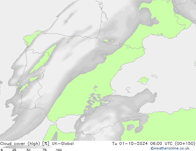 Cloud cover (high) UK-Global Tu 01.10.2024 06 UTC