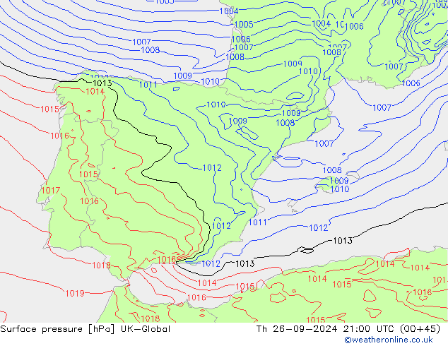 Surface pressure UK-Global Th 26.09.2024 21 UTC