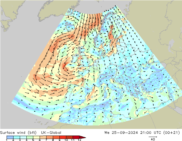 wiatr 10 m (bft) UK-Global śro. 25.09.2024 21 UTC