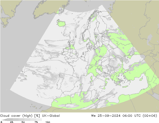 Cloud cover (high) UK-Global We 25.09.2024 06 UTC