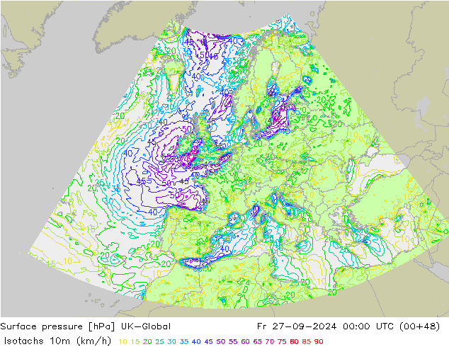 Isotachs (kph) UK-Global Fr 27.09.2024 00 UTC