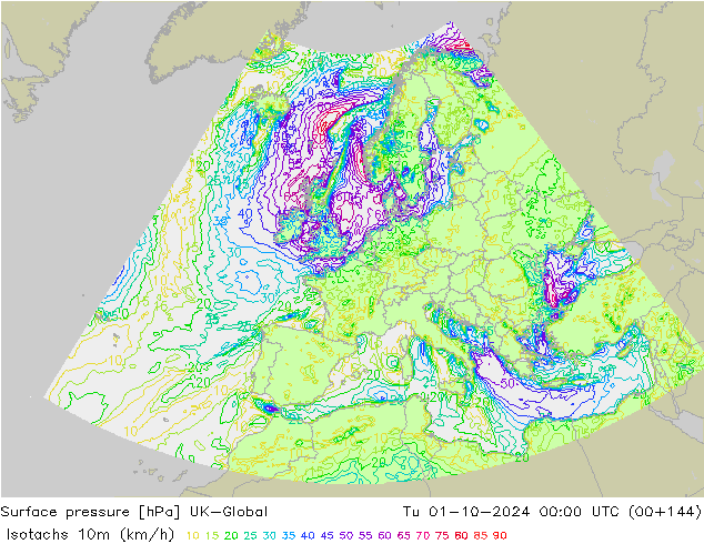 Isotachs (kph) UK-Global mar 01.10.2024 00 UTC