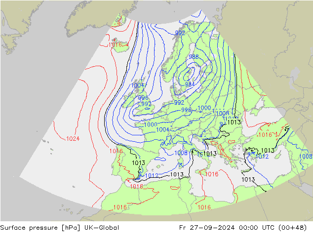 Pressione al suolo UK-Global ven 27.09.2024 00 UTC