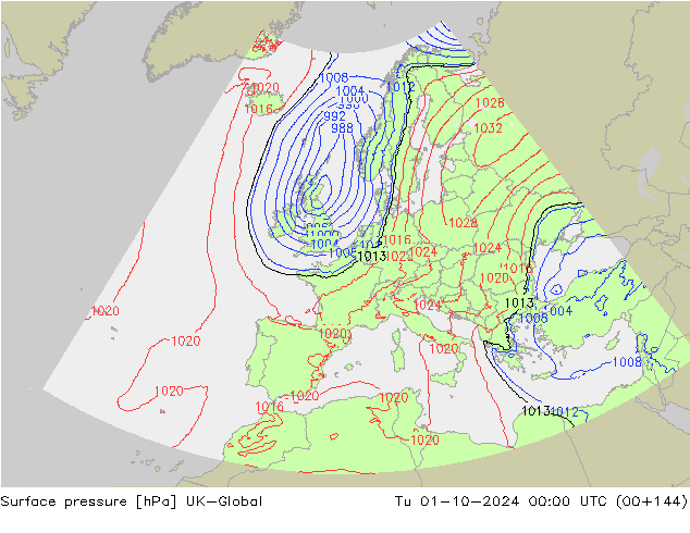 Surface pressure UK-Global Tu 01.10.2024 00 UTC