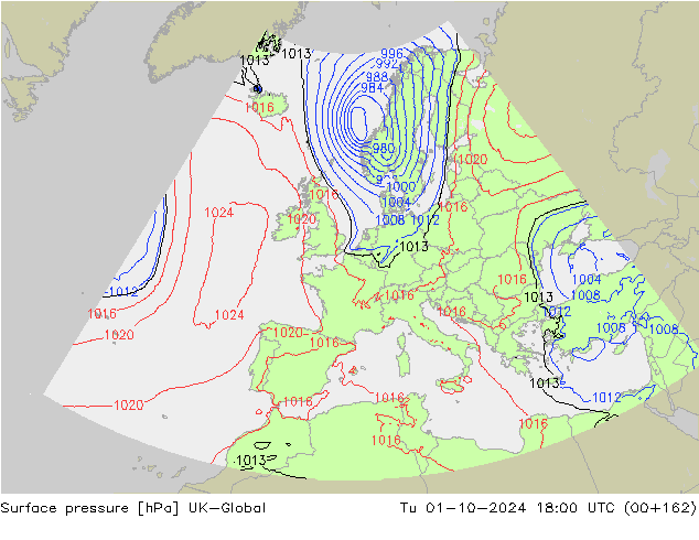 Surface pressure UK-Global Tu 01.10.2024 18 UTC