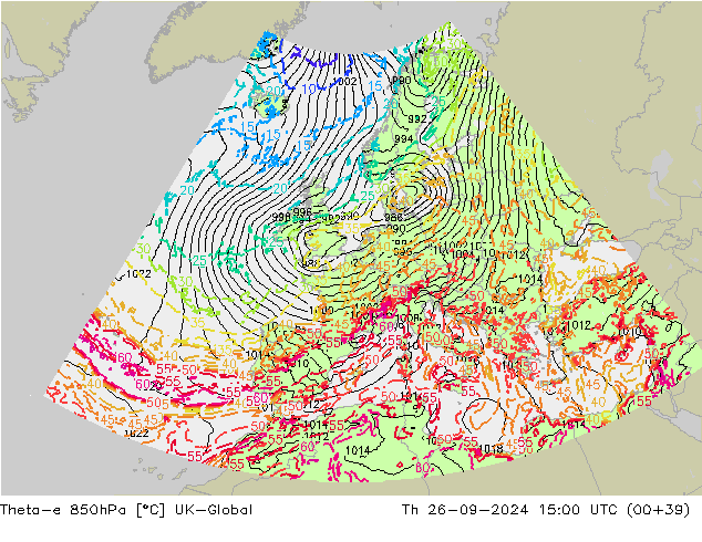 Theta-e 850гПа UK-Global чт 26.09.2024 15 UTC