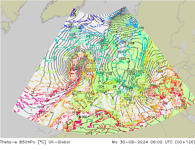 Theta-e 850hPa UK-Global Mo 30.09.2024 06 UTC