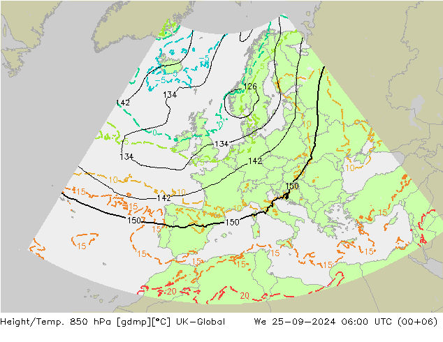 Height/Temp. 850 hPa UK-Global We 25.09.2024 06 UTC