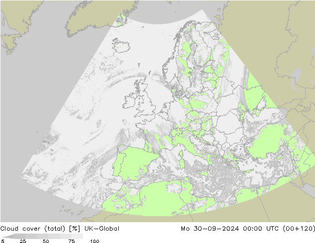 Cloud cover (total) UK-Global Po 30.09.2024 00 UTC