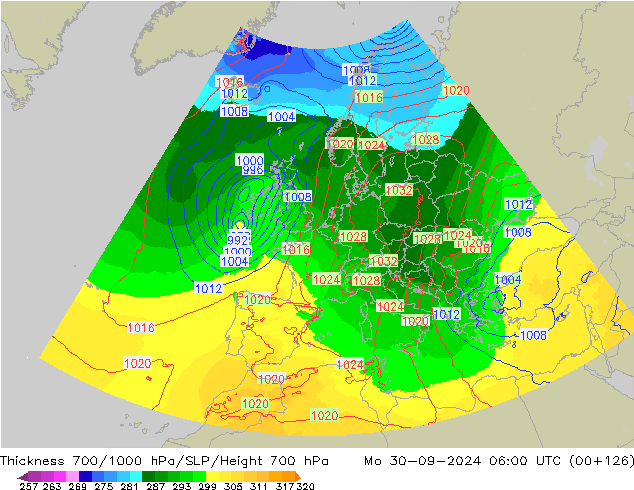 Thck 700-1000 hPa UK-Global Mo 30.09.2024 06 UTC
