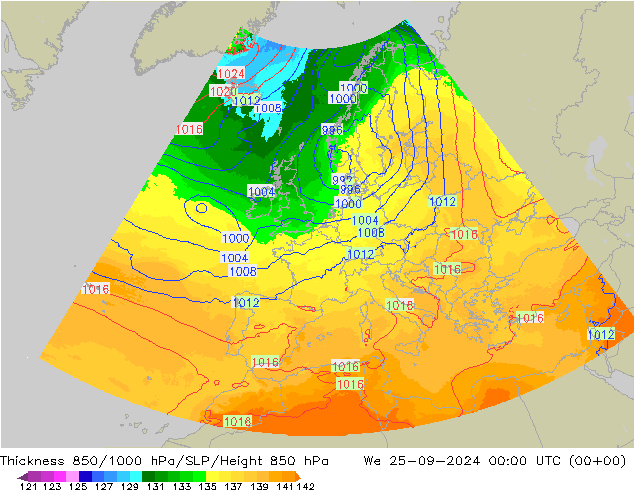 Espesor 850-1000 hPa UK-Global mié 25.09.2024 00 UTC