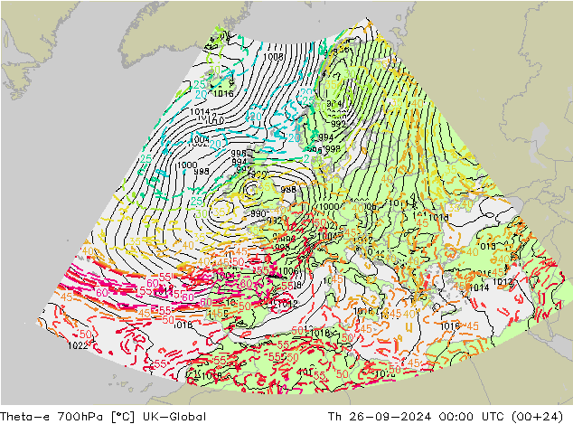 Theta-e 700hPa UK-Global Th 26.09.2024 00 UTC
