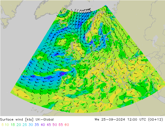 Vent 10 m UK-Global mer 25.09.2024 12 UTC