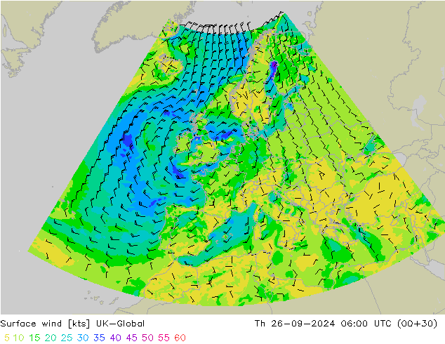 Wind 10 m UK-Global do 26.09.2024 06 UTC