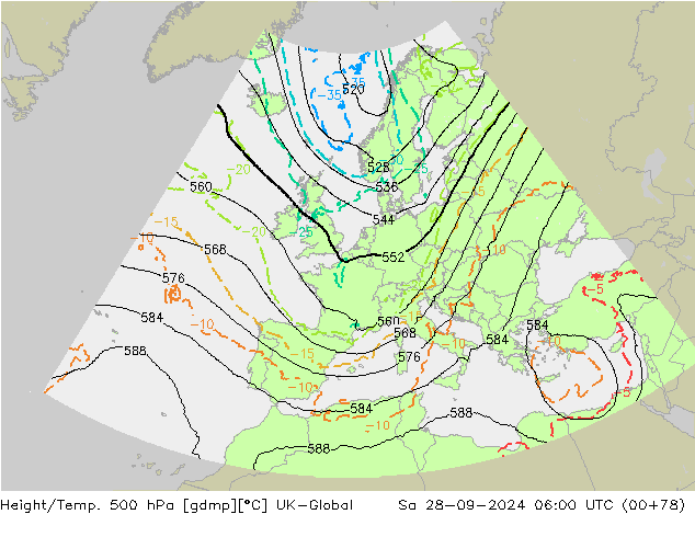 Height/Temp. 500 гПа UK-Global сб 28.09.2024 06 UTC