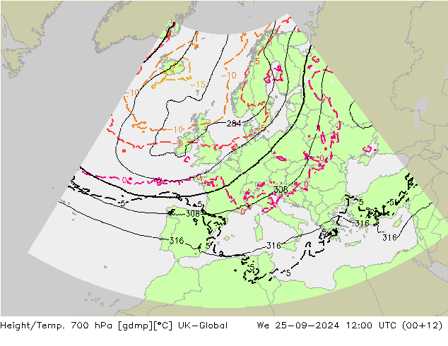 Height/Temp. 700 hPa UK-Global We 25.09.2024 12 UTC