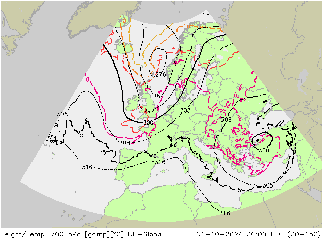 Height/Temp. 700 hPa UK-Global Tu 01.10.2024 06 UTC