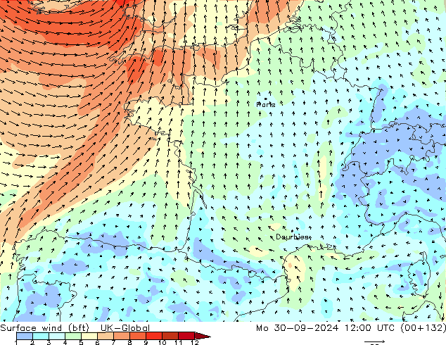 Vent 10 m (bft) UK-Global lun 30.09.2024 12 UTC