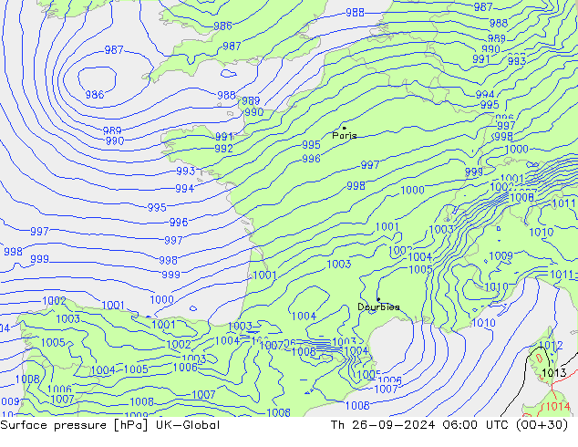 Surface pressure UK-Global Th 26.09.2024 06 UTC