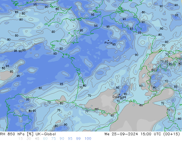 RH 850 hPa UK-Global We 25.09.2024 15 UTC