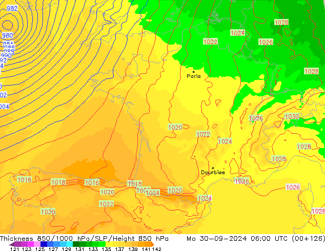 850-1000 hPa Kalınlığı UK-Global Pzt 30.09.2024 06 UTC