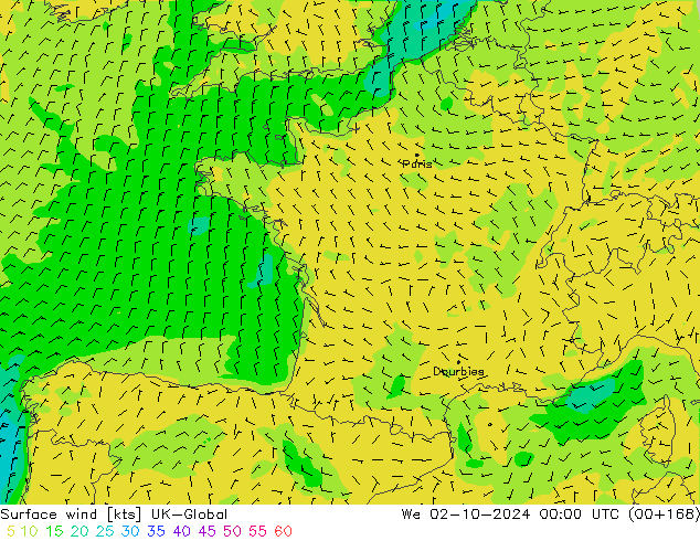 Viento 10 m UK-Global mié 02.10.2024 00 UTC