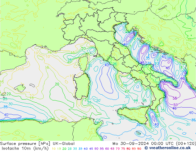 Isotachen (km/h) UK-Global ma 30.09.2024 00 UTC