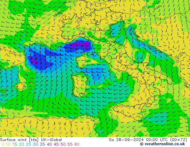 Vento 10 m UK-Global sab 28.09.2024 00 UTC
