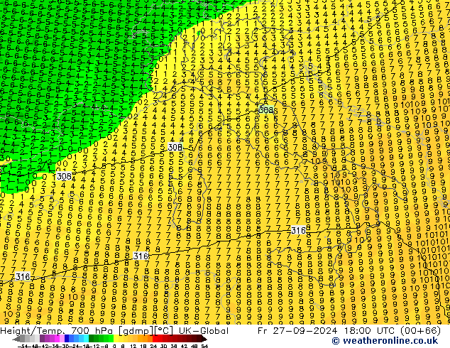 Height/Temp. 700 hPa UK-Global Fr 27.09.2024 18 UTC