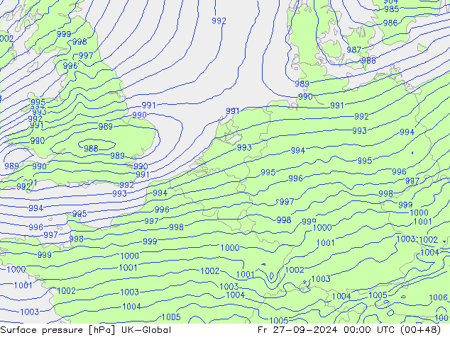 Surface pressure UK-Global Fr 27.09.2024 00 UTC