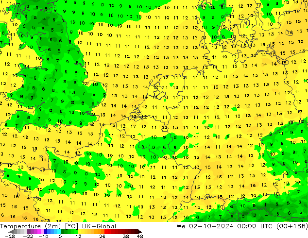 Sıcaklık Haritası (2m) UK-Global Çar 02.10.2024 00 UTC