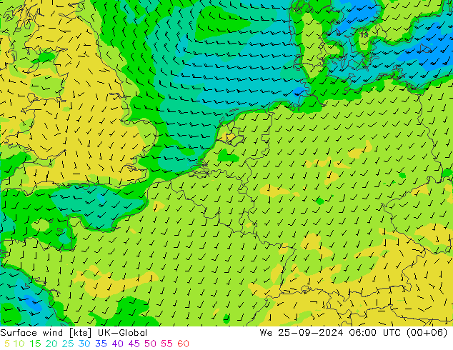 Surface wind UK-Global We 25.09.2024 06 UTC