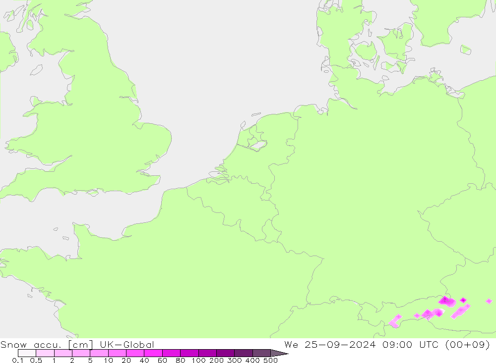 Snow accu. UK-Global mié 25.09.2024 09 UTC