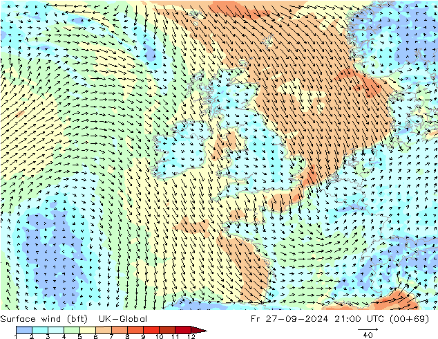 Surface wind (bft) UK-Global Fr 27.09.2024 21 UTC