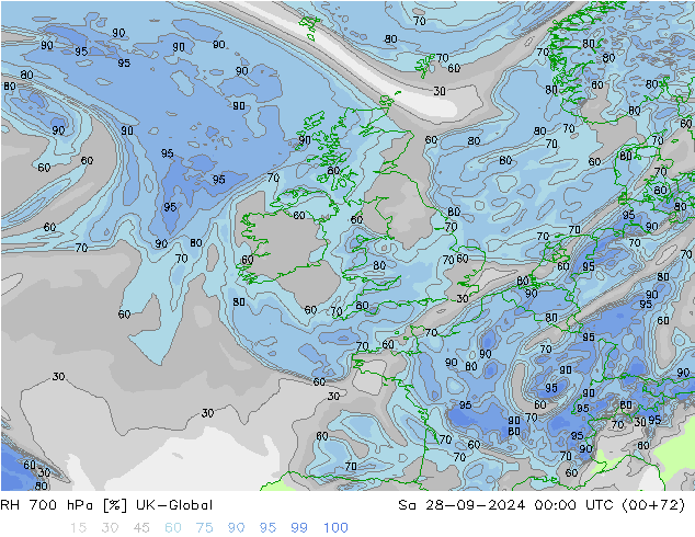 Humedad rel. 700hPa UK-Global sáb 28.09.2024 00 UTC