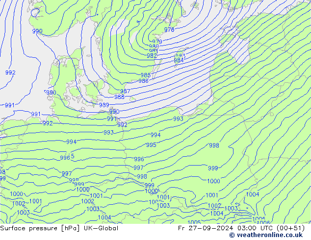 Surface pressure UK-Global Fr 27.09.2024 03 UTC