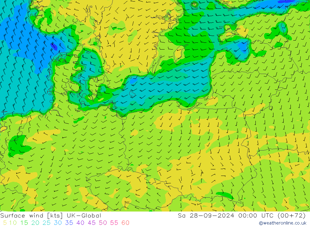 Vent 10 m UK-Global sam 28.09.2024 00 UTC