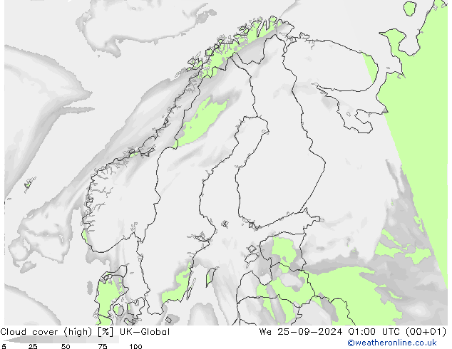 Cloud cover (high) UK-Global We 25.09.2024 01 UTC