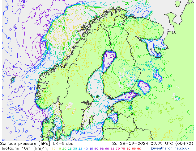 Isotachs (kph) UK-Global Sa 28.09.2024 00 UTC