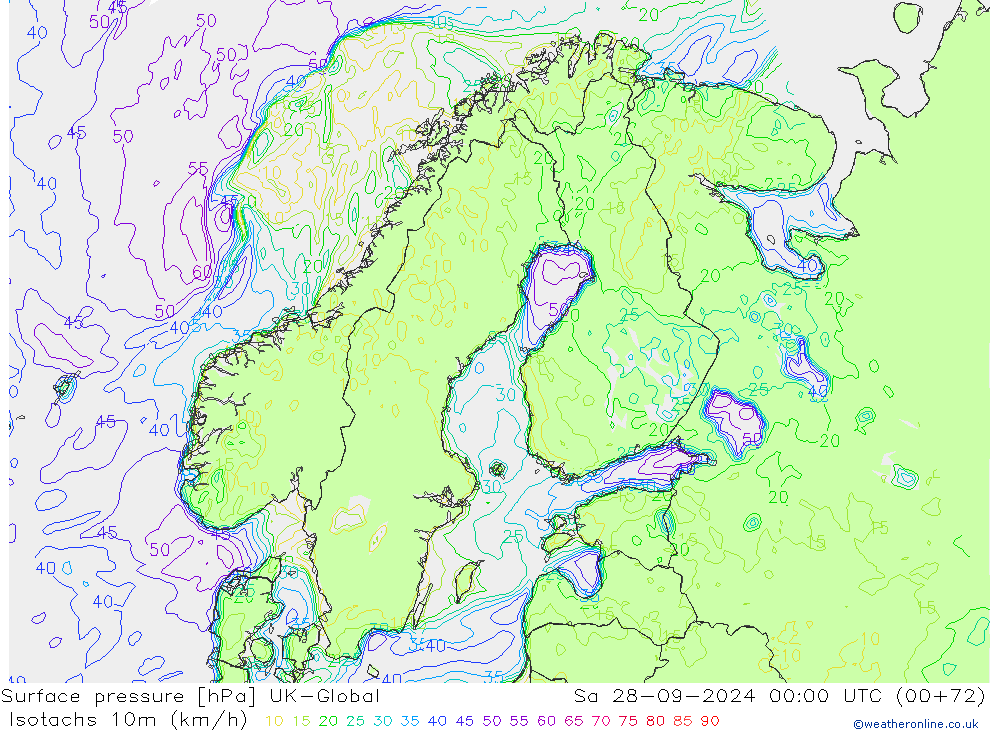 Isotachs (kph) UK-Global sab 28.09.2024 00 UTC