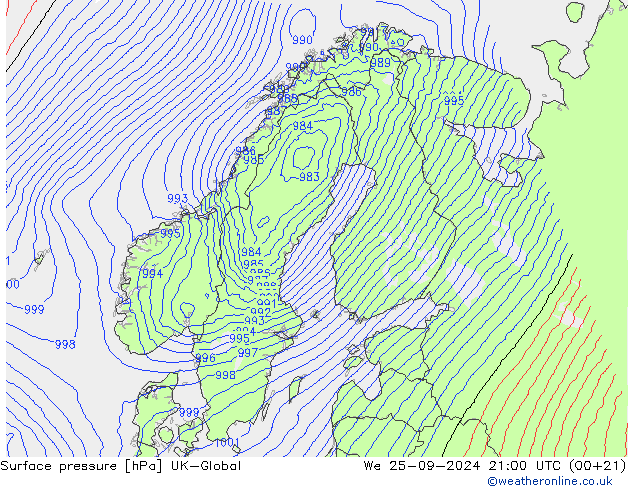 Surface pressure UK-Global We 25.09.2024 21 UTC