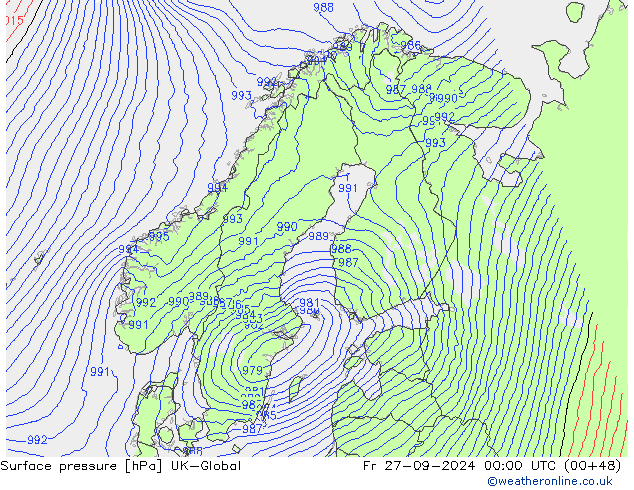 Pressione al suolo UK-Global ven 27.09.2024 00 UTC