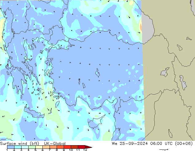 Surface wind (bft) UK-Global We 25.09.2024 06 UTC