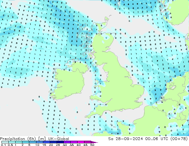 Totale neerslag (6h) UK-Global za 28.09.2024 06 UTC