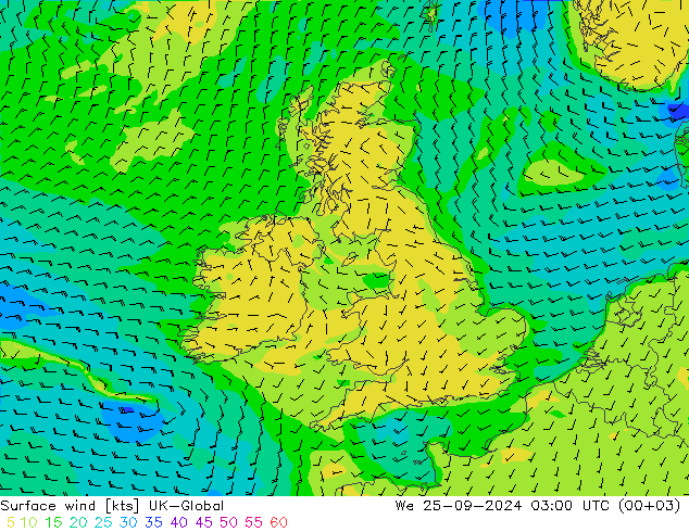 Vent 10 m UK-Global mer 25.09.2024 03 UTC