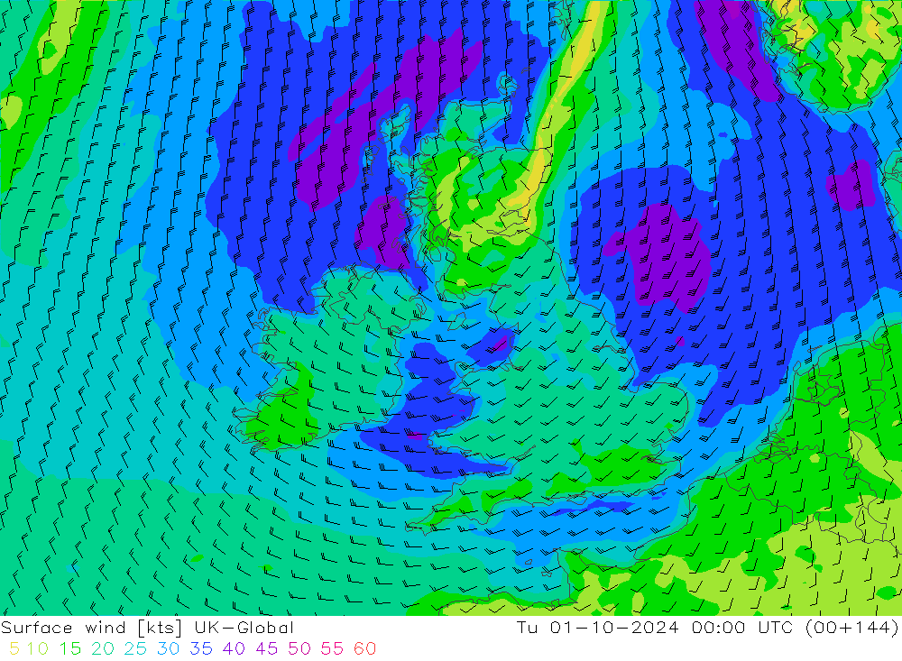 Surface wind UK-Global Tu 01.10.2024 00 UTC